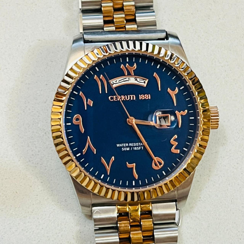 The Cerruti 1881 Chienti men's watch two tone bracelet and a blue dial with Arabic numerals