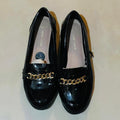 These New Look Wide Fit Black Patent Chain Loafers feature a shiny finish and a gold-tone metallic chain detail, www.letsell.pk